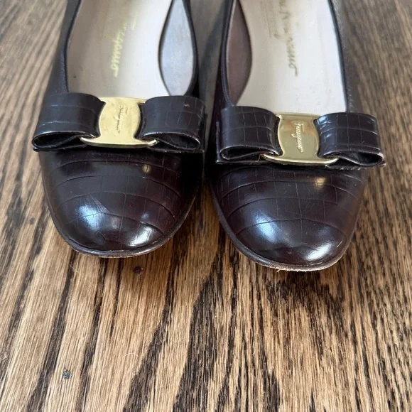 Salvatore Ferragamo Dark Brown Croc-Embossed Heels - Picture 4 of 15